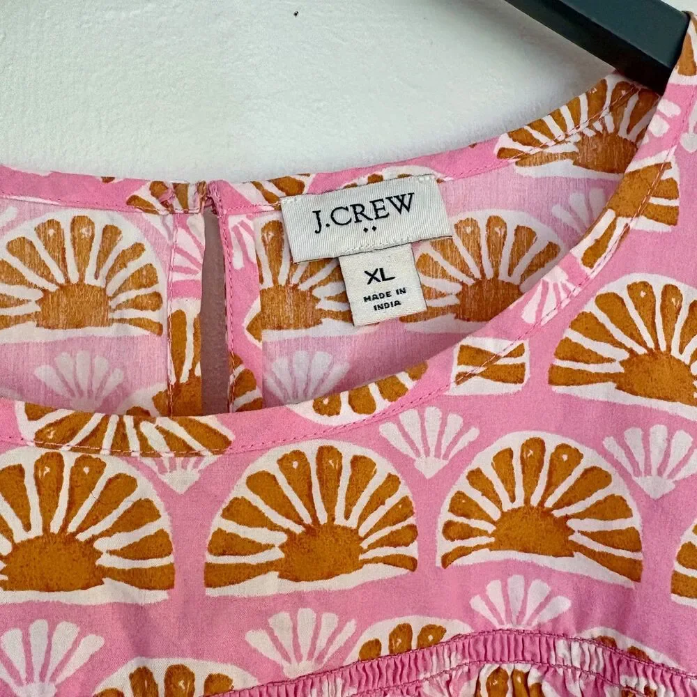 J.Crew Sunshine Fan Puff Sleeve Blouse 100% Cotton Poplin Pink Orange Size XL